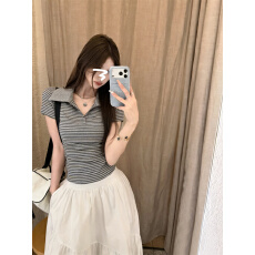 批发实拍实价<b class='q'>通勤</b>修身显瘦撞色条纹针织短袖Polo衫上衣女