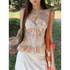 批发实拍实价甜辣风印花吊带百搭V领木耳边<b class='q'>花苞</b>背心夏小众上衣