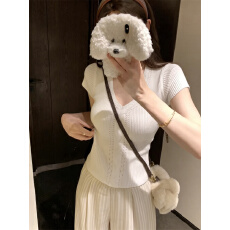 批发实拍实价粉色镂空麻花针织短袖t恤夏季修身显瘦v领上衣