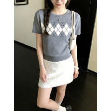 批发实拍实价灰色短袖提花针织衫T恤<b class='q'>女</b>夏季<b class='q'>新款</b>气质休闲上衣潮