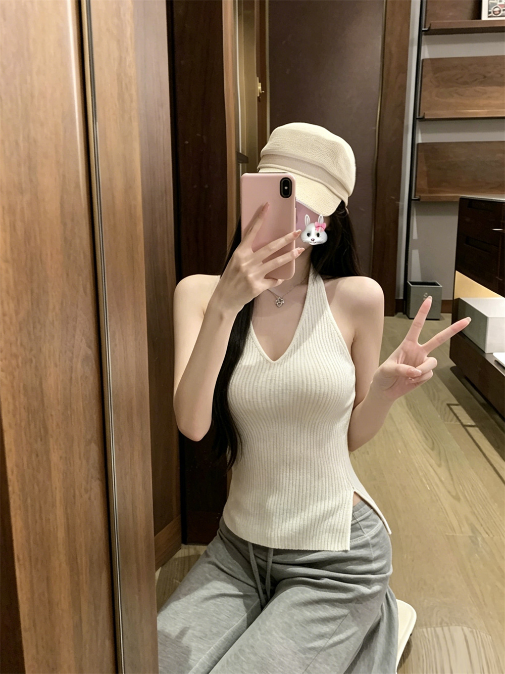 실사 정가 한 부서 미니멀리즘 순수한 욕망 섹시함 다용도 니트 행침 목 조끼 슬림해 보이는 캐주얼 맨위 여성