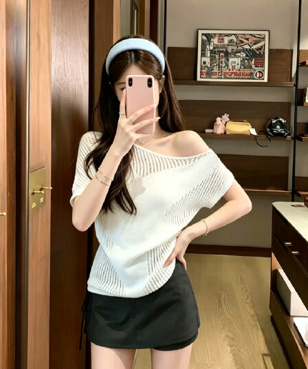 실사 정가 프랑스식 품격 비스듬한 어깨 다용도 캐주얼 반팔 니트 스웨터 여성 여름 오프숄더 슬림해 보이는 맨위