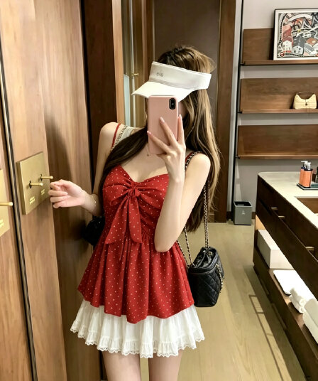 실사 정가 프랑스식 레트로 도트 무늬 나비 매듭 캐미솔 여름 몸매 가꾸기 슬림해 보이는 다용도 짧은 맨위
