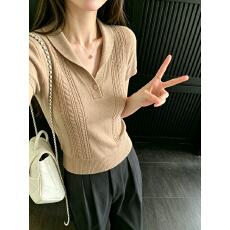 批发实拍实价韩系镂空冰丝针织<b class='q'>短</b>袖T恤女夏气质修身V领老钱风上衣