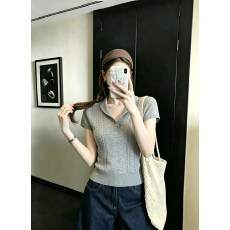 批发实拍实价老钱风麻花polo翻领<b class='q'>短</b>袖针织衫女夏娃娃领外穿上衣