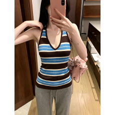 批发实拍实价复古撞色<b class='q'>条纹</b>V领针织背心女夏无袖内搭上衣吊带