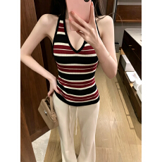 批发实拍实价v领挂脖无袖吊带背心女夏修身显瘦撞色<b class='q'>条纹</b>上衣