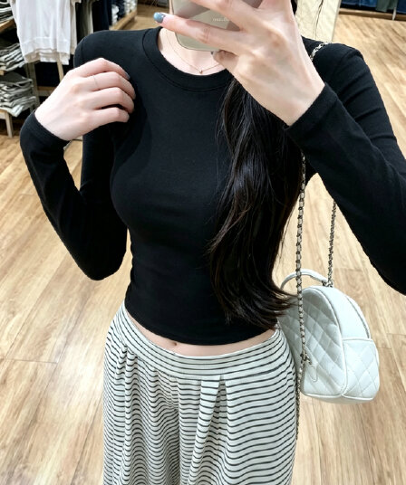 실사 정가 한 부서 라운드 넥 긍정적 인 어깨 긴팔 티셔츠 여성 가을 겨울 인사이드 가져 가라. 기본 셔츠 몸매 가꾸기 허리 수축 맨위