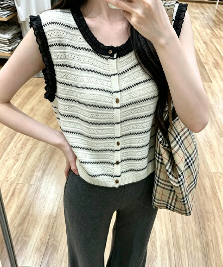 실사 정가 레이스 패치워크 라운드 넥 스트라이프 니트 오픈 가디건 여성 여름 품격 연령 감소 민소매 맨위