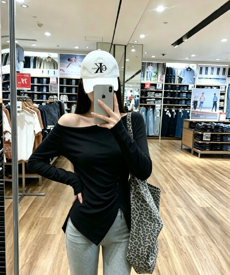 실사 정가 비대칭 비스듬한 어깨 긴팔 티셔츠 여성 가을 허리 수축 슬림해 보이는 다용도 디자인 센스 맨위 트렌디