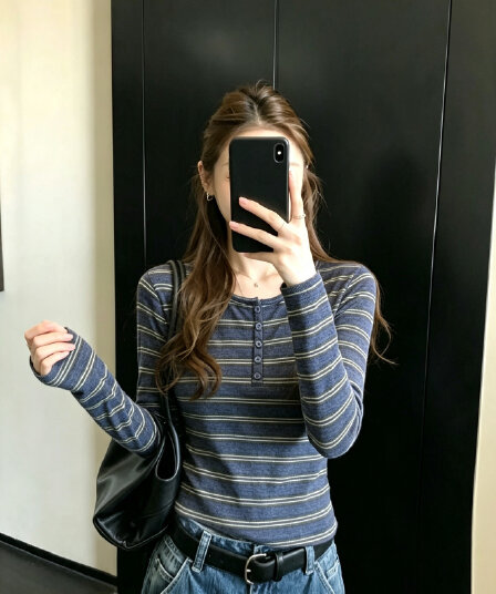 실사 정가 가을 스트라이프 단추 u 칼라 긴팔 티셔츠 작은 셔츠 여성 배색 몸매 가꾸기 슬림해 보이는 맨위