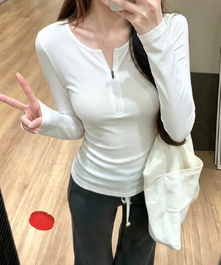 실사 정가 긍정적 인 어깨 기본 셔츠 여성 봄 가을 겨울 반 개방 칼라 몸매 가꾸기 달콤한 매운맛 인사이드 잡아라. 의류 긴팔 티셔츠
