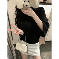 批发实拍实价慵懒风堆堆领<b class='q'>中袖</b>针织衫女秋宽松收腰上衣