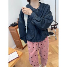 批发日韩复古韩系文艺港风半开扣拼接百搭宽松口袋牛仔衬衫