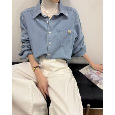 批发DDXZ夕子 高级感长袖复古蓝牛仔衬衫叠穿翻领宽松廓形水洗蓝衬衣