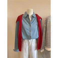 批发刺绣牛仔刺绣衬衫女日韩新款叠穿质感翻领开衫外套宽松上衣