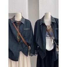 批发实拍新款2026格子拼接<b class='q'>牛仔</b><b class='q'>衬衫</b>女秋季新款中长款宽松百搭长袖上