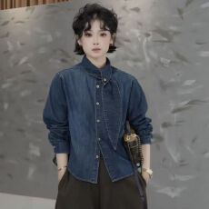 批发韩版复古系带<b class='q'>牛仔</b><b class='q'>衬衫</b>新款2026飘带秋冬翻领单排爆款时尚上衣