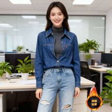 批发加绒复古<b class='q'>牛仔</b><b class='q'>衬衫</b>女秋冬叠穿时尚宽松新款中长款外套上衣<b class='q'>衬衣</b>外穿