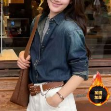 批发加绒<b class='q'>牛仔</b><b class='q'>衬衫</b>女新款秋冬季复古港风<b class='q'>衬衣</b>宽松遮肉长袖叠穿上衣外套