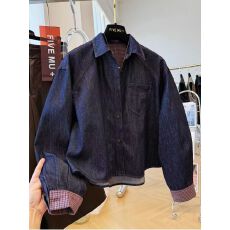拼接牛仔衬衫翻领宽松春秋新款复古长袖上衣休闲百搭衬衣外套绣花