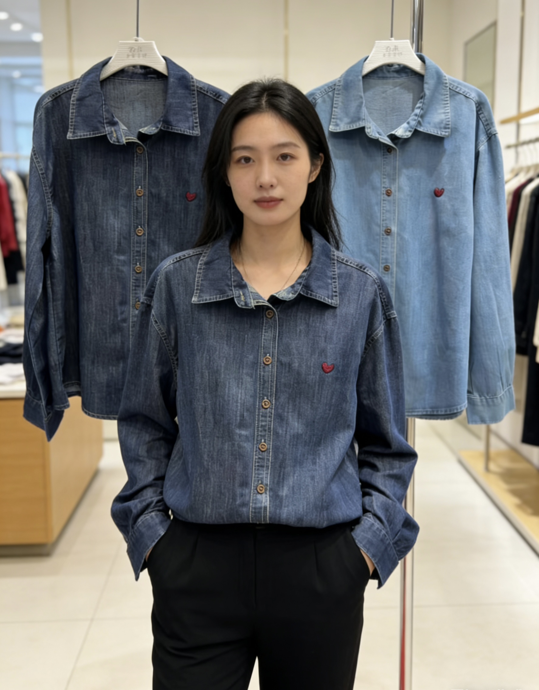 2026 새로운 하트 자수 데님 셔츠 루즈핏 캐주얼 다용도 폴로 칼라 긴팔 맨위 높은 품질 봄 가을 면