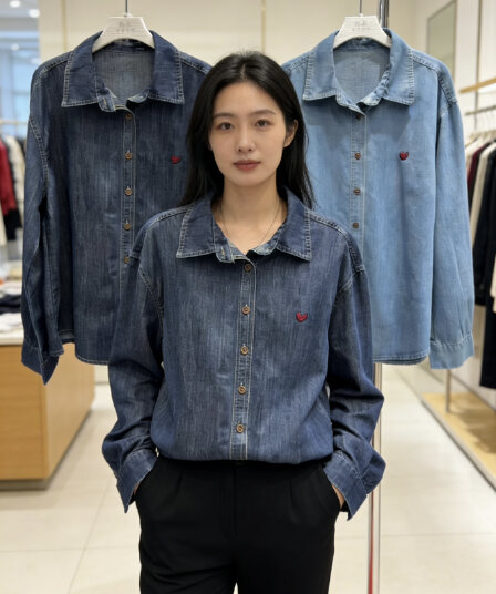 2026 새로운 하트 자수 데님 셔츠 루즈핏 캐주얼 다용도 폴로 칼라 긴팔 맨위 높은 품질 봄 가을 면
