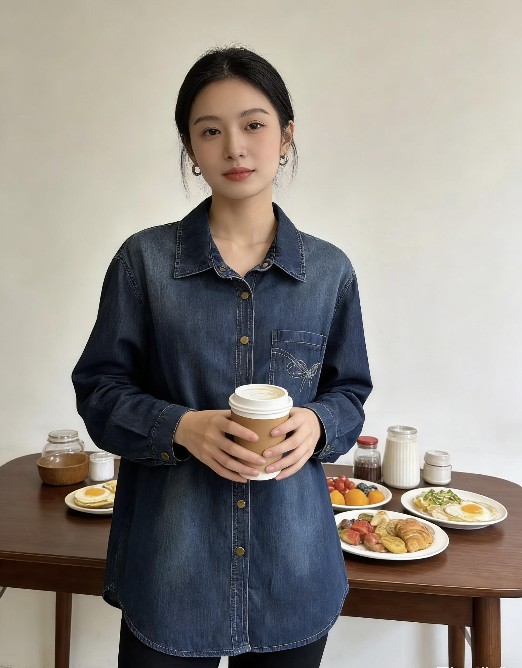 데님 여성 셔츠 2026 봄 새로운 프랑스식 출퇴근 자수 디자인 센스 폴로 칼라 긴팔 셔츠