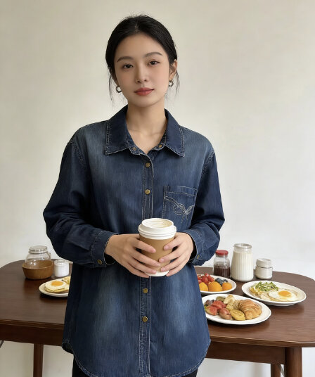 데님 여성 셔츠 2026 봄 새로운 프랑스식 출퇴근 자수 디자인 센스 폴로 칼라 긴팔 셔츠