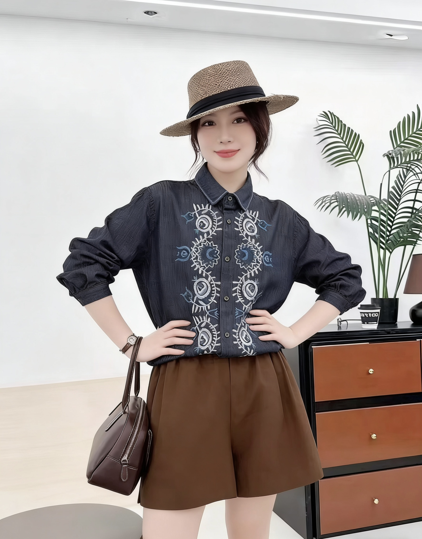 레트로 자수 데님 셔츠 여성 긴 소매 루즈핏 봄 가을 새로운 대외 무역 여성 의류 일본식 문예 센 첨부 된 의류
