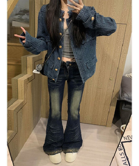 파란색 질감 센스 작은 샤넬 스타일 데님 여성 코트 가을 새로운 루즈핏 스탠드 칼라 재킷 다용도 품격 맨위 트렌디