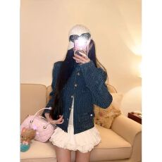 批发小香风外套女复古蓝色春季新款<b class='q'>夹克</b>肌理气质百搭立领<b class='q'>休闲</b>牛仔上衣