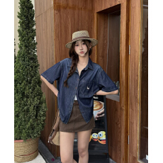 批发法式复古翻领<b class='q'>刺绣</b>蓝色牛仔短袖<b class='q'>衬衫</b>女夏季新款薄上衣休闲通勤<b class='q'>衬衣</b>