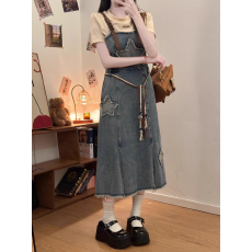 批发织物猪 复古凯丽 水洗浅蓝<b class='q'>牛仔</b>背带连衣裙夏女小个子长款吊带<b class='q'>长裙</b>