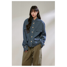 批发King Prince春季新款深蓝色复古立领<b class='q'>牛仔</b>小香风外套女休闲夹克女
