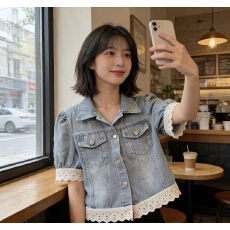批发2026夏季新款薄款外搭短款<b class='q'>牛仔</b>上衣蕾丝短袖<b class='q'>牛仔</b>外套<b class='q'>女</b>短款上衣