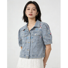 批发欧洲站2026年春季新款重工镂空洋气上衣潮高腰百搭短款<b class='q'>牛仔</b>外套<b class='q'>女</b>