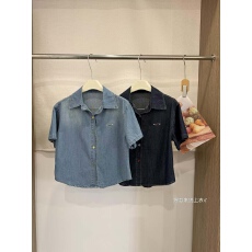 批发出口欧美 纯棉短款夏季<b class='q'>女</b>装短袖<b class='q'>牛仔</b><b class='q'>衬衫</b>宽松休闲百搭上衣