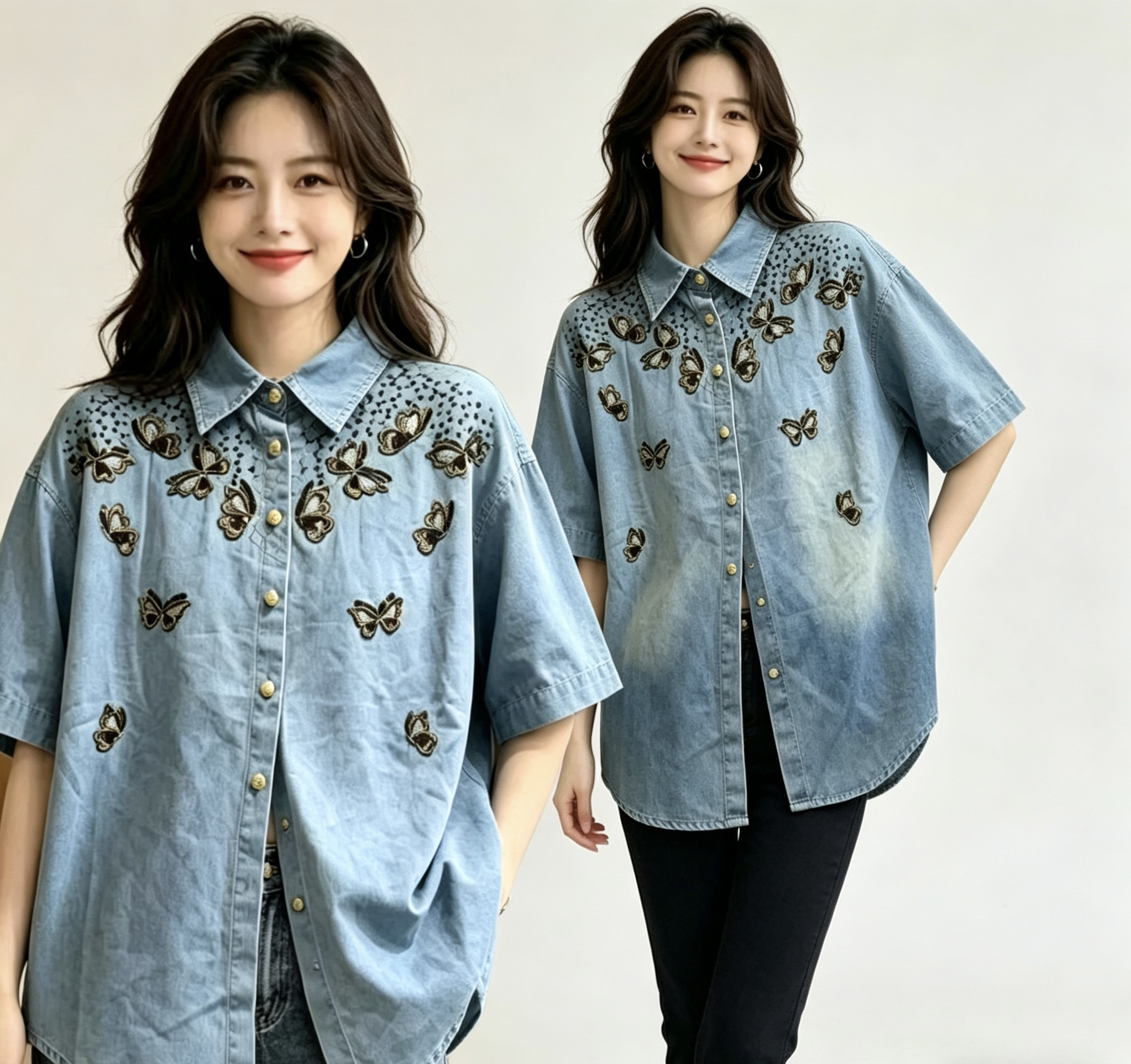 무거운 작업 비즈 박기 자수 나비 데님 여성 셔츠 봄 가을 새로운 빛 럭셔리 바람 패션 폴로 칼라 루즈핏 다용도 맨위