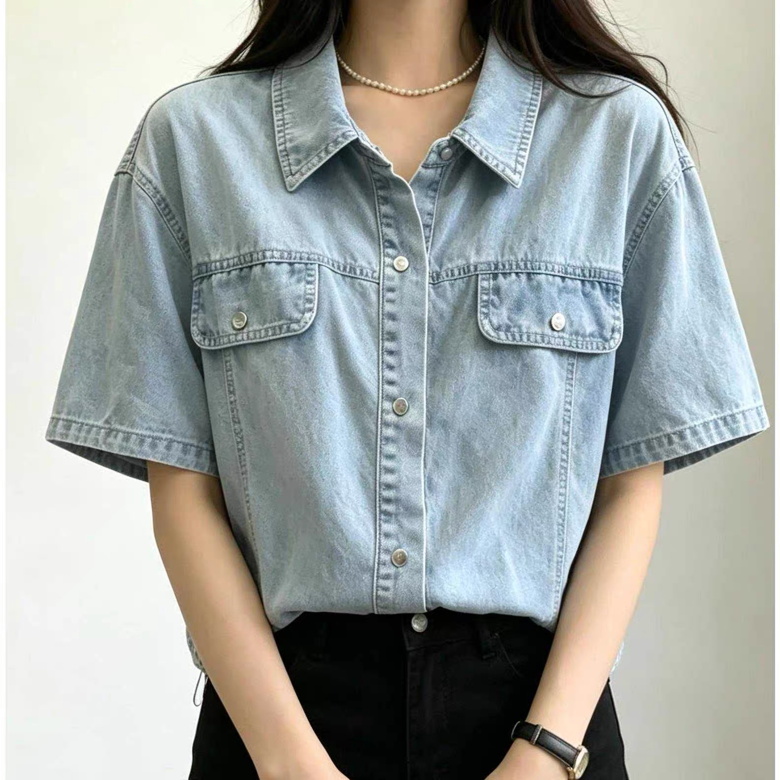 선물 화물 한국 스타일 POLO 칼라 반팔 데님 여성 셔츠 여름 디자인 센스 쇼트 스타일 펌프 로프 켜기