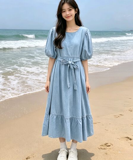 일본과 한국 유럽 2026 새로운 한국 스타일 달콤함 레이스업 슬림해 보이는 반팔 데님 드레스