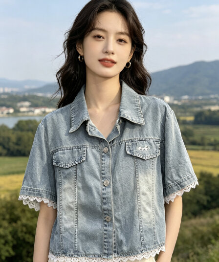 일본과 한국 유럽과 미국 2026 여름 유럽과 미국 스타일 패션 다용도 캐주얼 미니멀리즘 라운드 지도자 데님 반팔 여성 셔츠