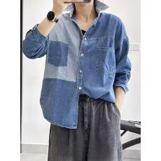 批发新款撞色拼接<b class='q'>牛仔</b>衬衫女春秋宽松大码慵懒风复古水洗双口袋衬衣外