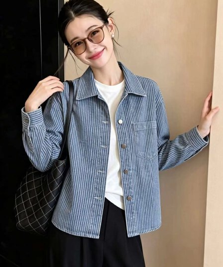 아메리칸 레트로 파란색 스트라이프 재킷 긴팔 여성 봄 가을 고급 센스 캐주얼 루즈핏 한 부서 ing 재킷