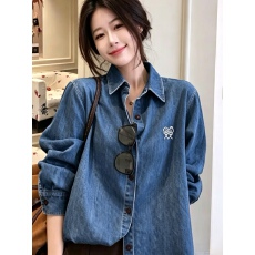批发韩系chic刺绣小标<b class='q'>牛仔</b>外套女春秋宽松百搭水洗蓝色长袖<b class='q'>衬衫</b>叠穿