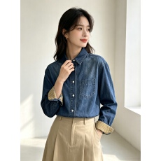 批发复古水洗深蓝色<b class='q'>牛仔</b><b class='q'>衬衫</b>女格纹撞色袖口短款廓形宽松百搭长袖上