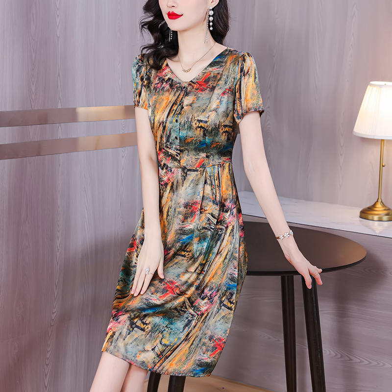 MY8021# 真丝碎花连衣裙女士夏季修身中长款短袖桑蚕丝裙子气质印花a字裙女裝貨源服裝批發