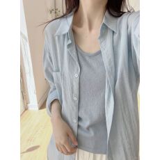 批发法式蓝色薄款防晒衣长袖<b class='q'>衬衫</b>女夏装新款宽松显瘦<b class='q'>衬衣</b>叠穿上衣<b class='q'>外套</b>