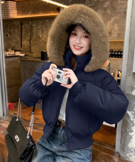 실사 아메리칸 핫걸 모피 칼라 후드 면 의류 여성 코트 겨울 2025 새로운 두꺼운 쇼트 스타일 빵 외투
