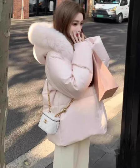 작은 따뜻한 패키지 큰 모피 칼라 후드 쇼트 스타일 다운 재킷 학원 작은 키 겨울 한국 스타일 루즈핏 두꺼운 보온 재킷